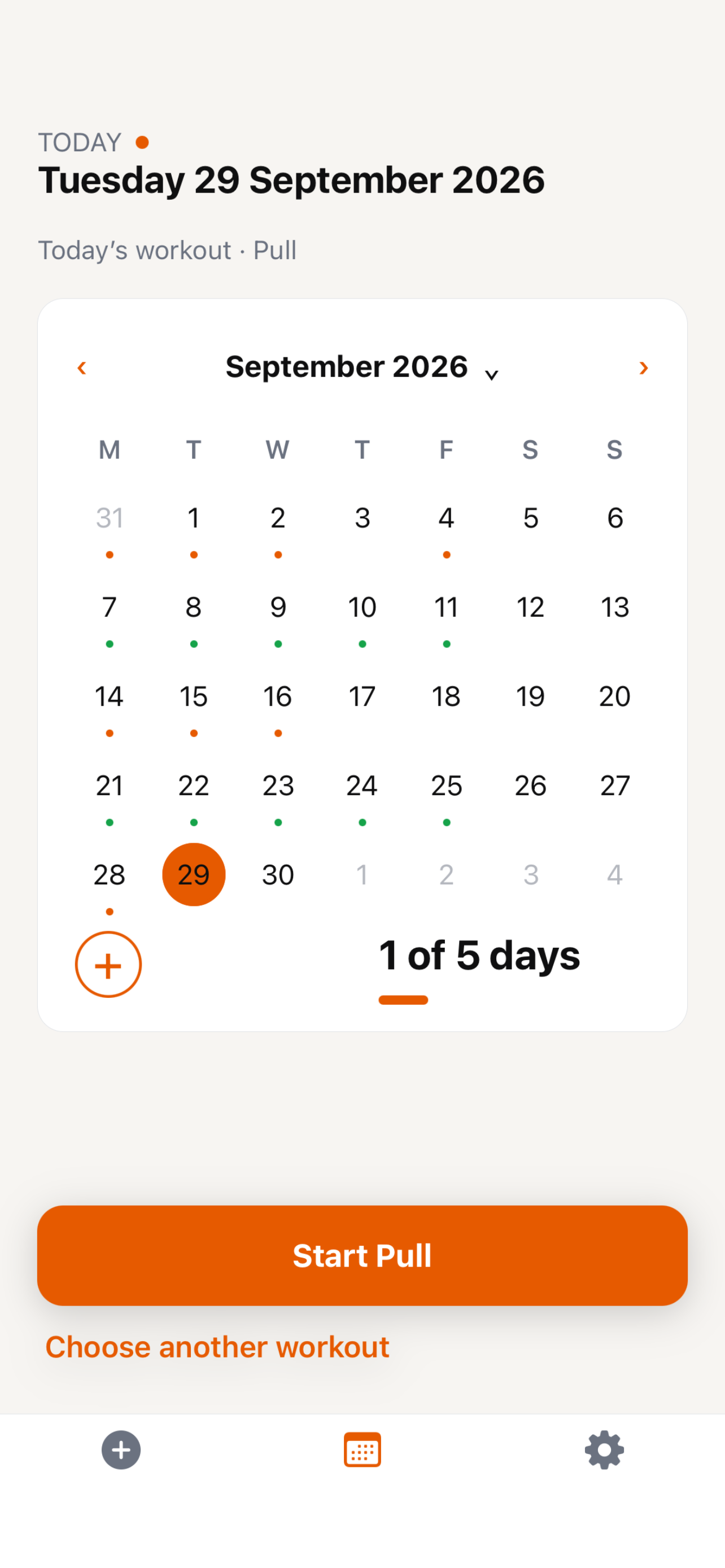 Stacked training calendar showing completed workout days and today's planned session